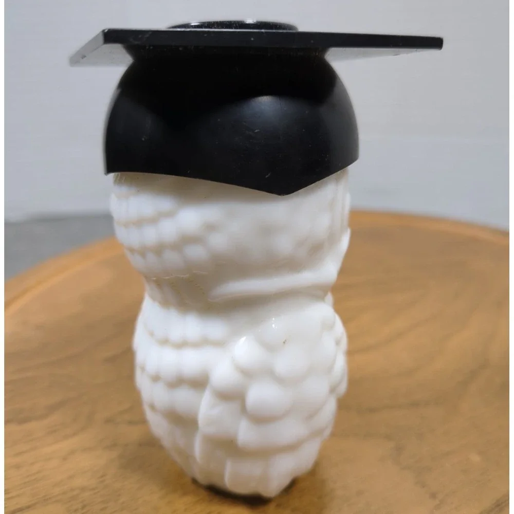 Vtg Avon White Milk Glass Graduate Black Mortarboard Eyeglasses Owl Empty Bottle